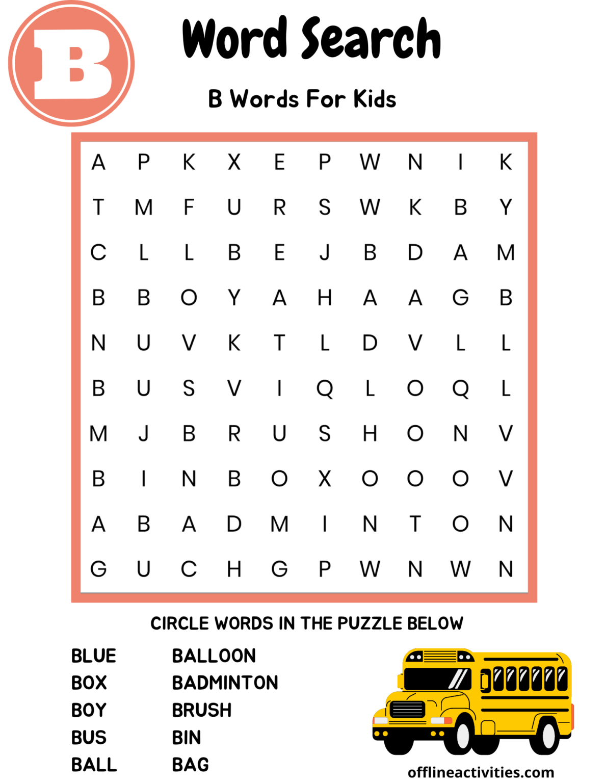 Easy Printable Word Searches -B Words For Kids - Offline Activities