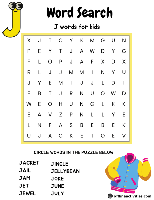 Free Printable Word Search - Letter J - Offline Activities