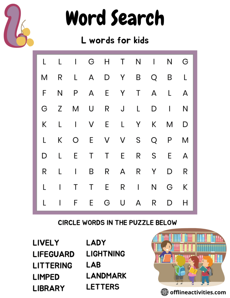 Large Print Word Searches Printable-L Words for Kids - Offline Activities