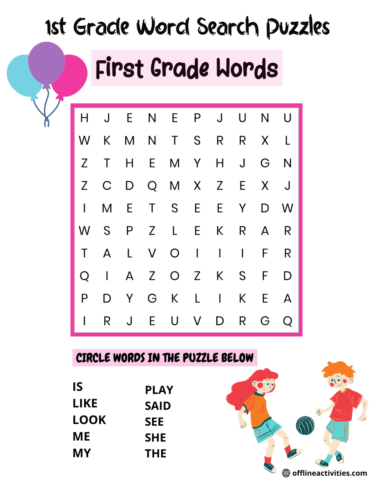 Word Search Printable- First Grade Words - Offline Activities