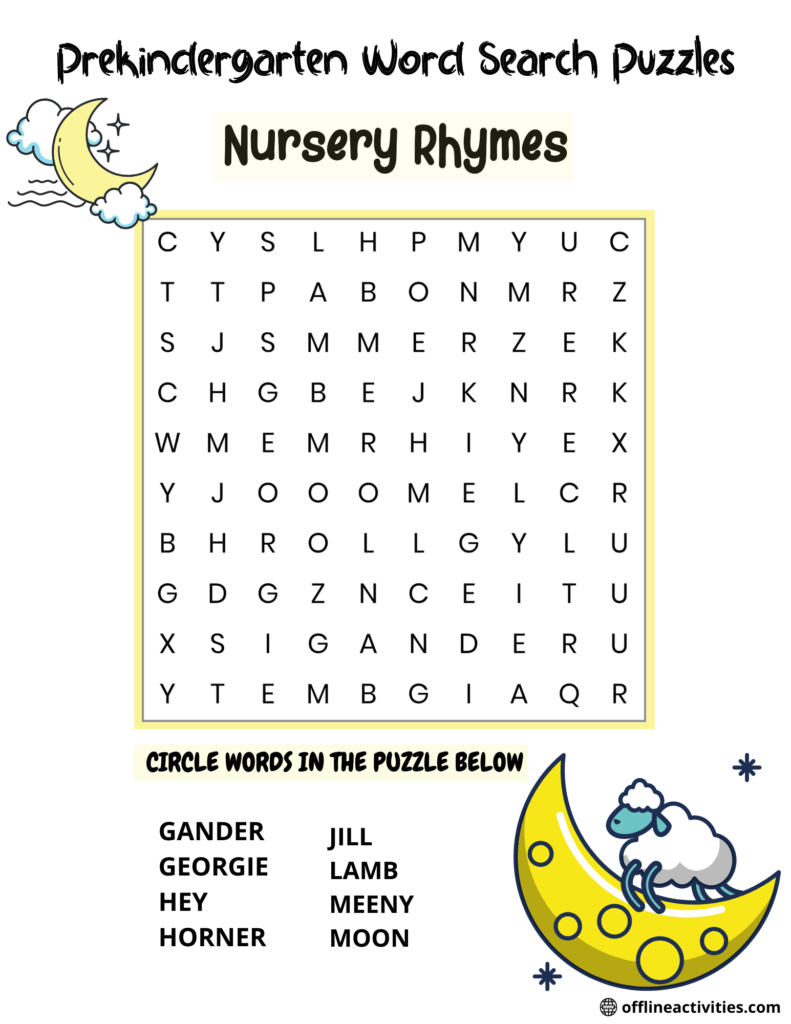 Nursery rhymes themed zigzag word search puzzle (suitable both for