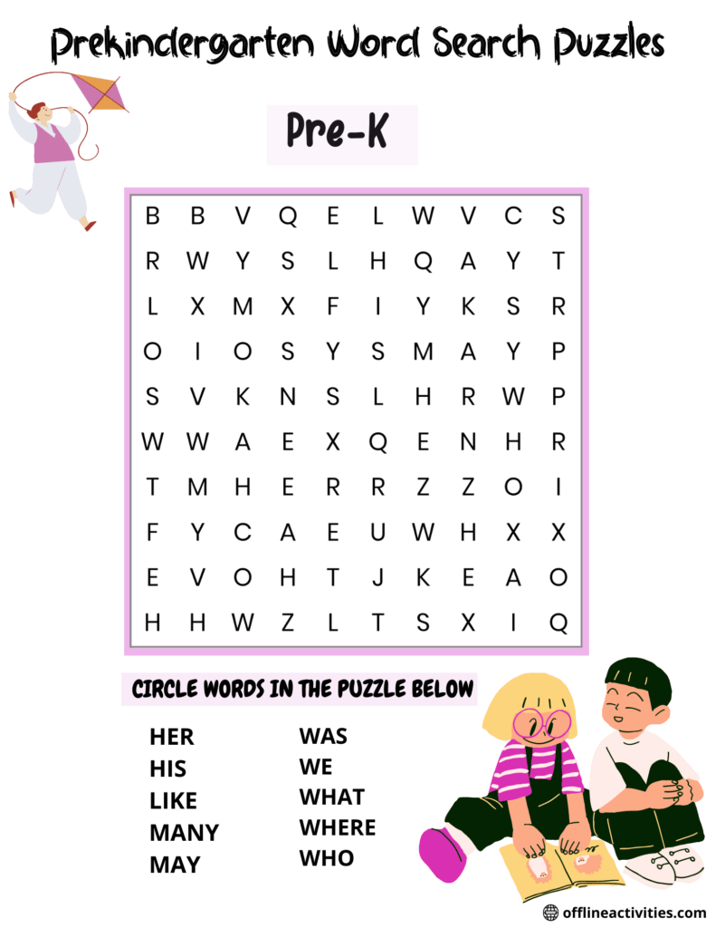 Search the Word Puzzle- Prekindergarten Word - Offline Activities