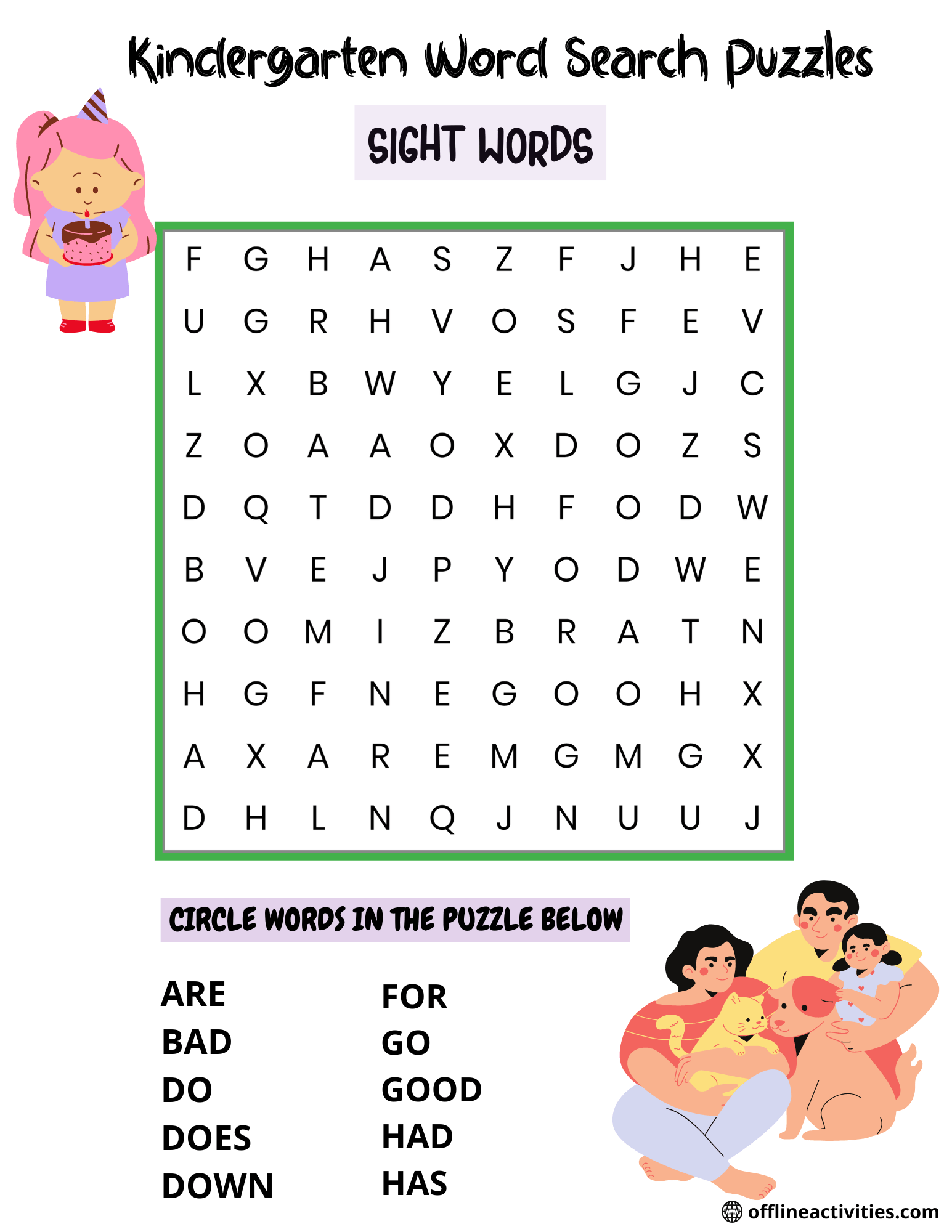 Word Search Puzzles Online for Free– Sight Words - Offline Activities