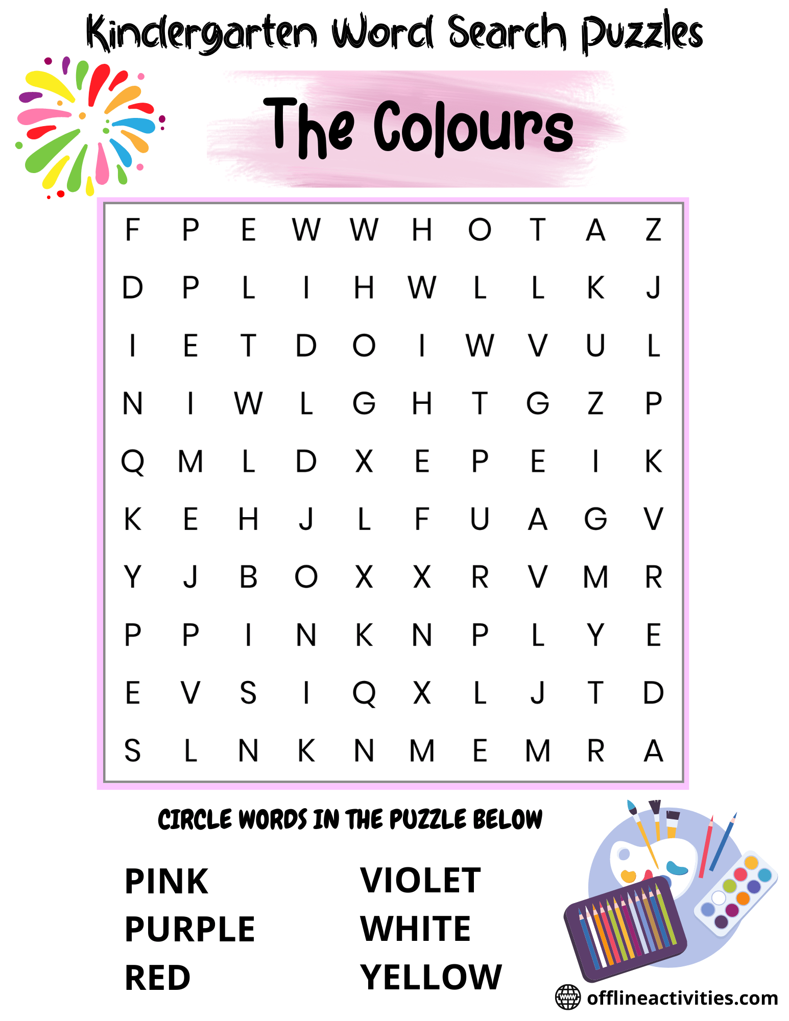 Kindergarten Word Search Puzzles – The Colours - Offline Activities