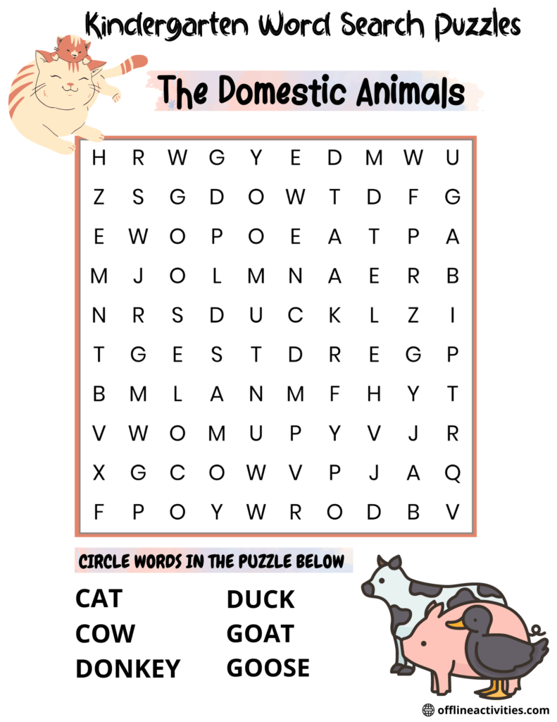 Puzzle Find The Words – The Domestic Animals - Offline Activities