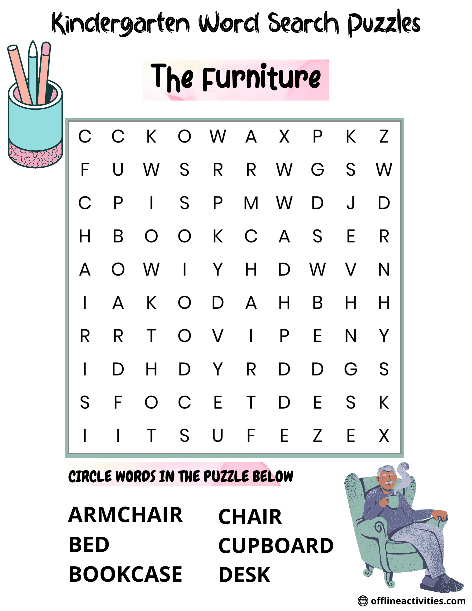 Word Searches Printable Large Print – The Furniture - Offline Activities