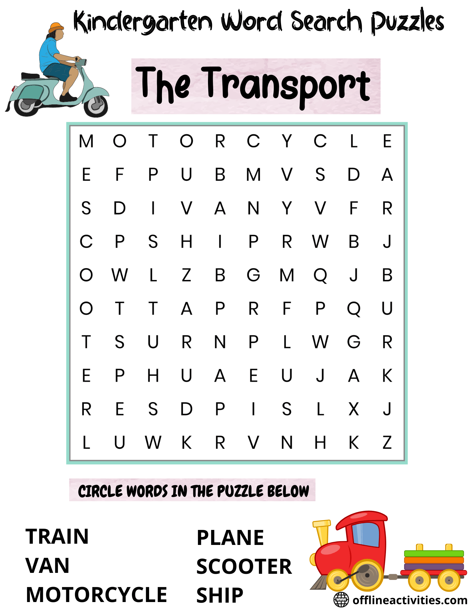 Word Search for Kindergarteners– The Transport - Offline Activities