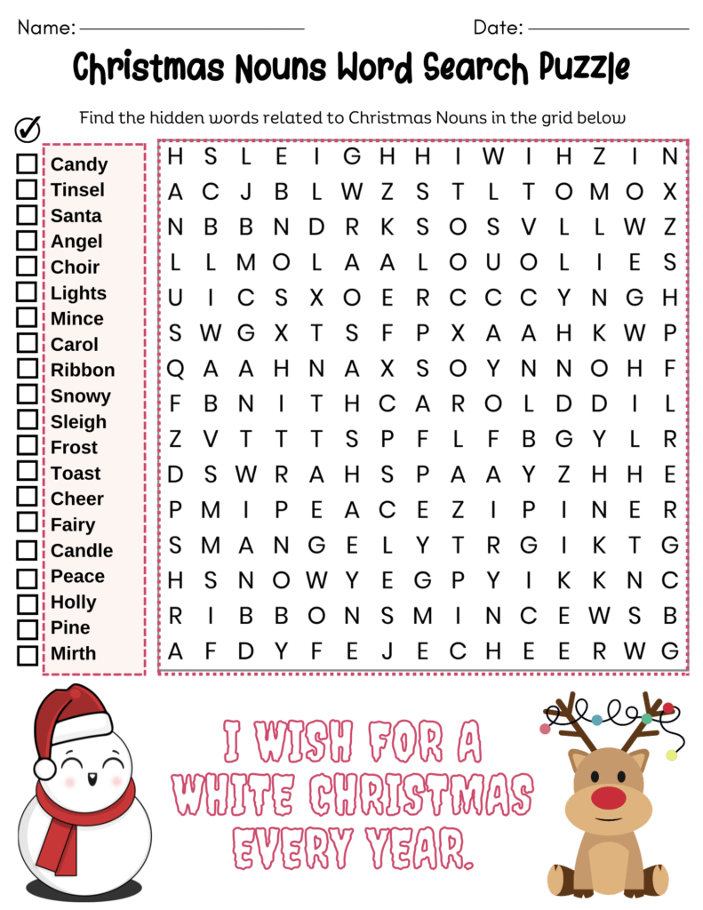 Free Christmas nouns word search puzzle worksheet for kids featuring a 15×15 holiday-themed letter grid and 20 Christmas vocabulary words such as Santa, angel, sleigh, and ribbon.
