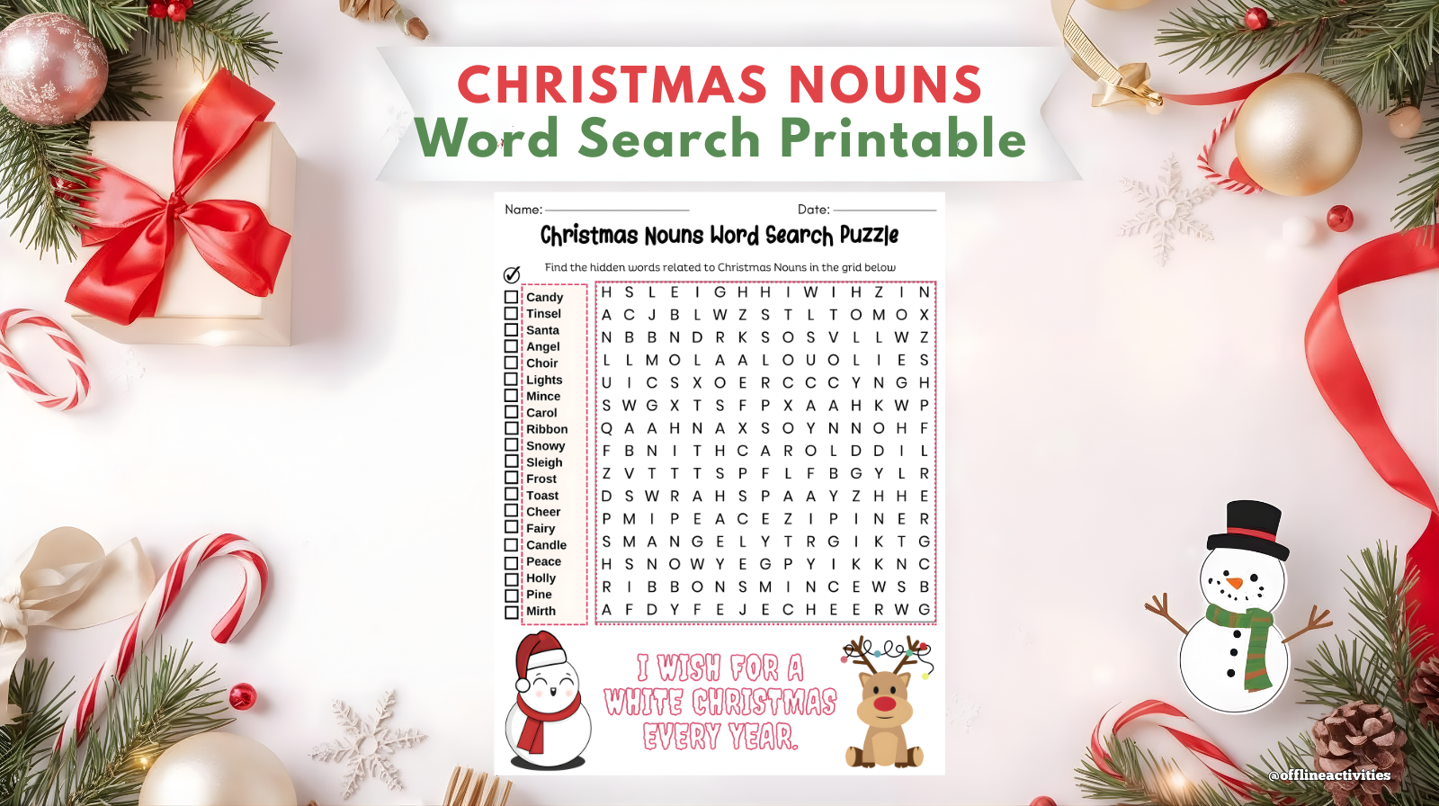"Free Christmas nouns word search worksheet for kids featuring a festive 15x15 puzzle grid with 20 Christmas-themed vocabulary words."