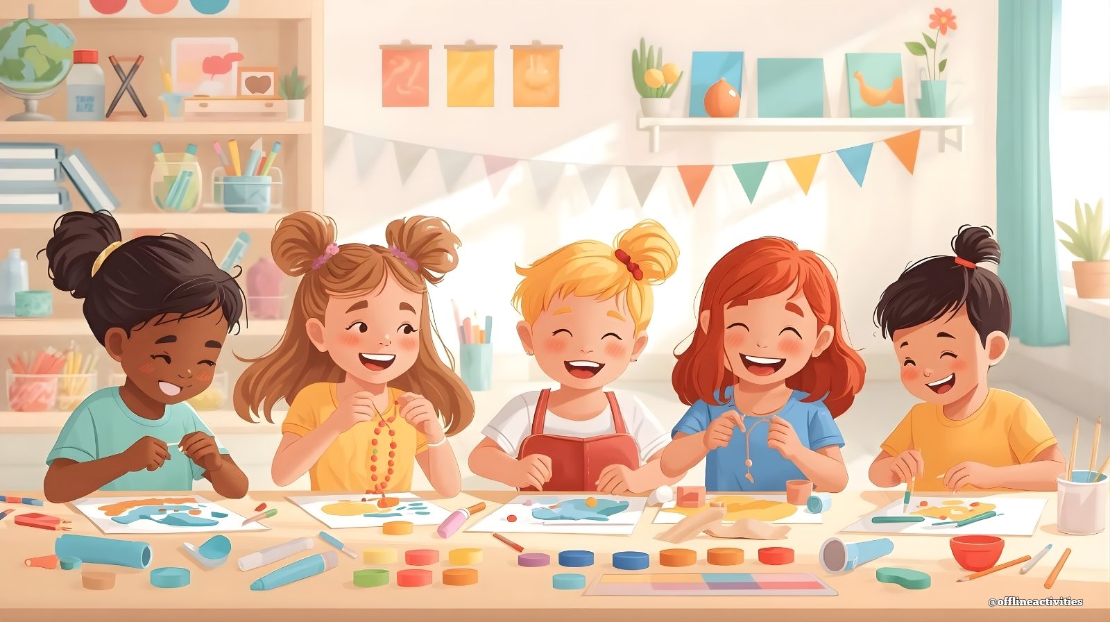 Children developing fine motor skills and focus through hands-on crafts like painting, cutting, and bead threading at a classroom art table.