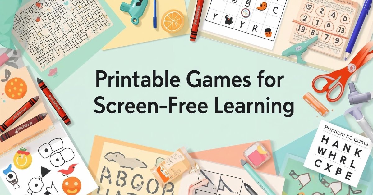 Illustration of printable puzzles, crayons, and paper cutouts showing screen-free learning activities for kids.