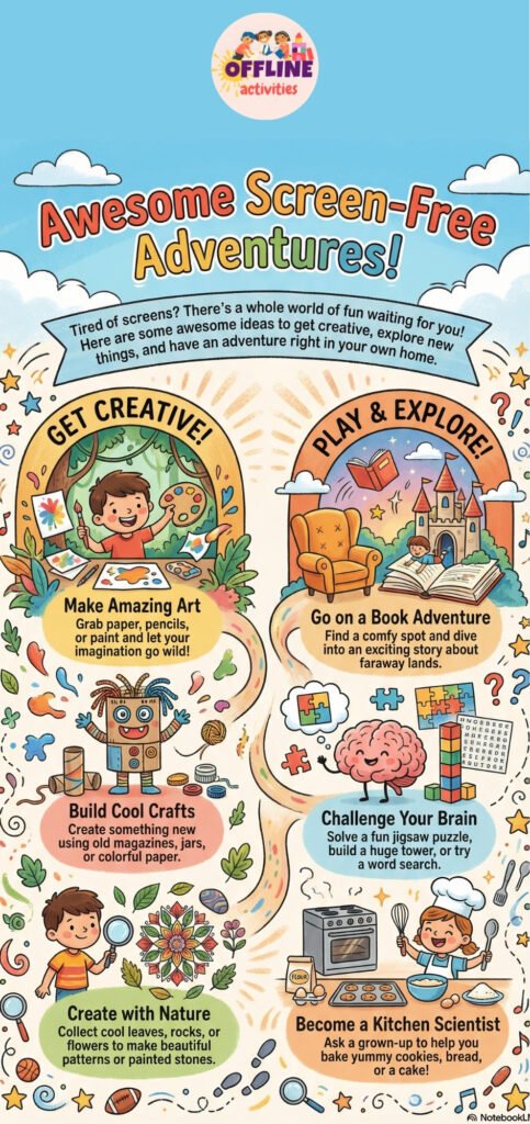 Infographic showing fun screen-free activities for kids, including creative art, crafts, nature play, book adventures, puzzles, and kitchen science. Colorful illustrations promoting offline learning.