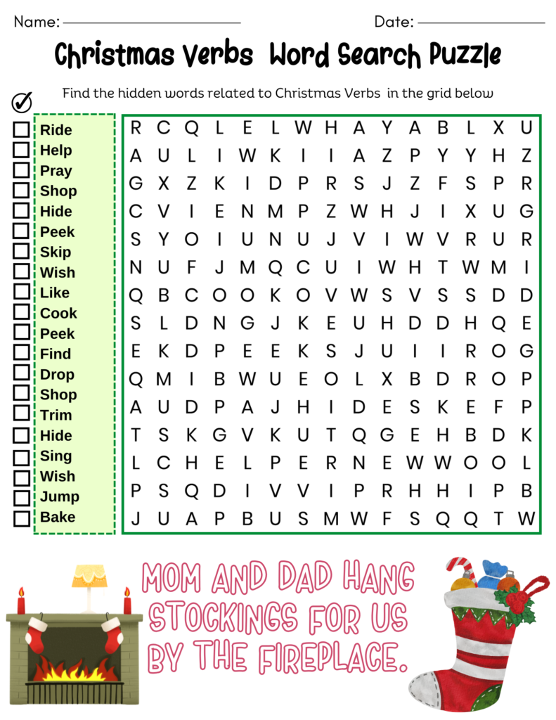 Free Christmas verbs word search puzzle for kids featuring holiday action words like ride, shop, hide, cook, and jump. Printable worksheet with festive illustrations.