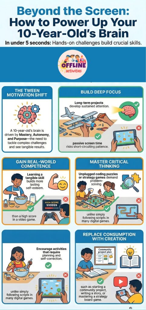 Infographic explaining how non-screen activities strengthen a 10-year-old’s brain through deep focus, real-world competence, critical thinking, creativity, and hands-on challenges. Includes illustrations of kids cooking, building models, solving strategy games, and engaging in offline projects.