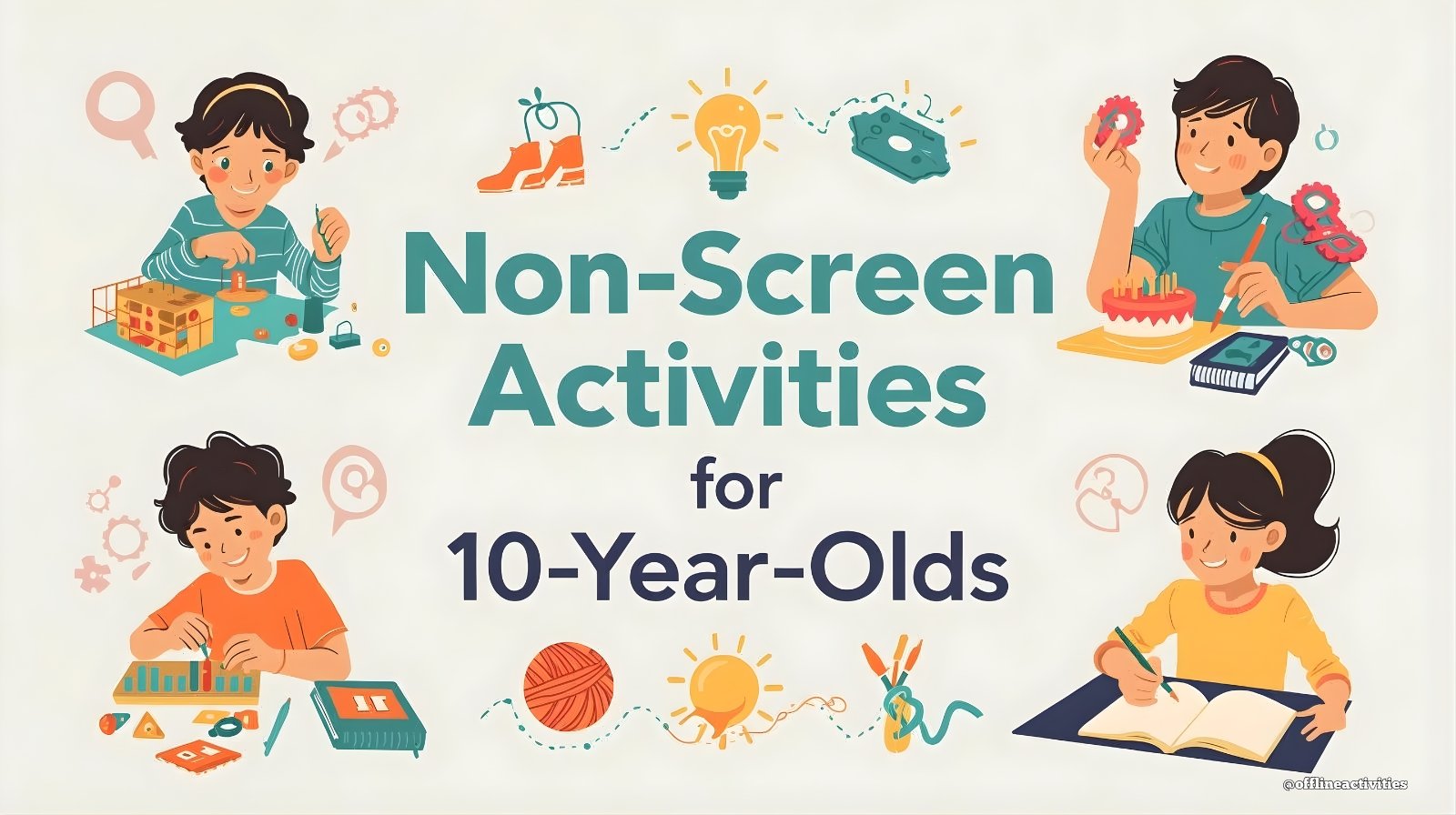 Illustration of children doing non-screen activities such as STEM building, crafting, cooking, and journaling, representing engaging offline activities for 10-year-olds.