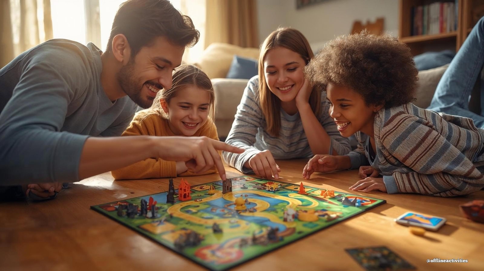 A diverse family happily playing a colorful board game together on the floor, showcasing screen-free fun that boosts kids' creativity and problem-solving skills.